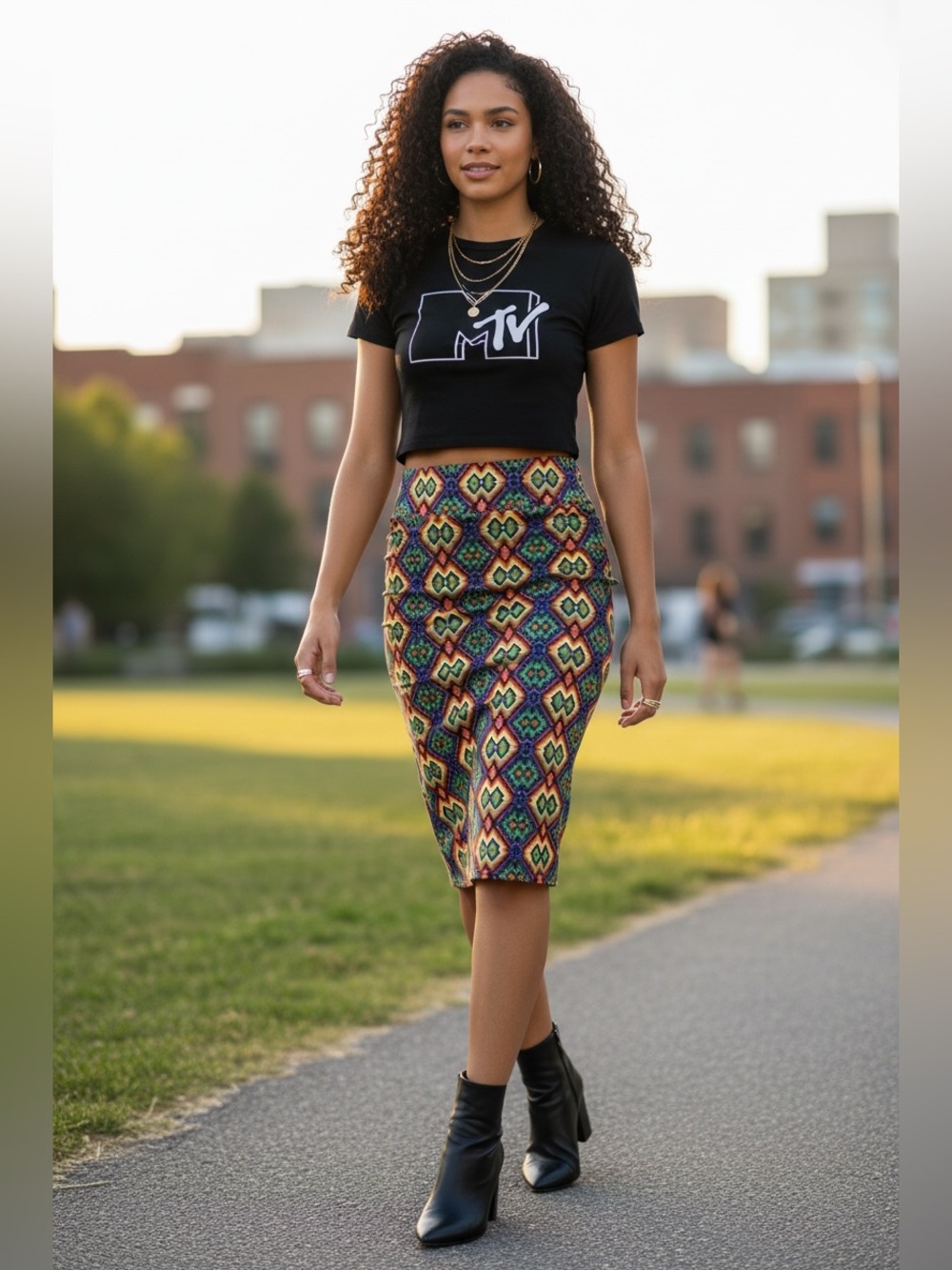 LuLaRoe Medium Pencil Skirt in Bright Multi-Color Aztec Print